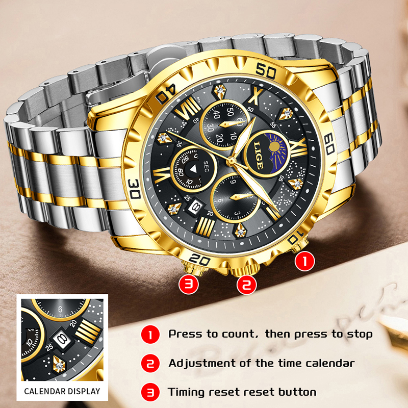 LIGE Top Brand Luxury Quartz M - Luxury Watch Moon Phase recension och pris