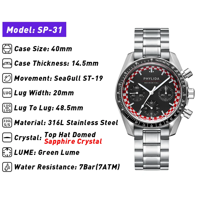 PHYLIDA 40mm Men's Watch ST19  - Luxury Watch Strap recension och pris